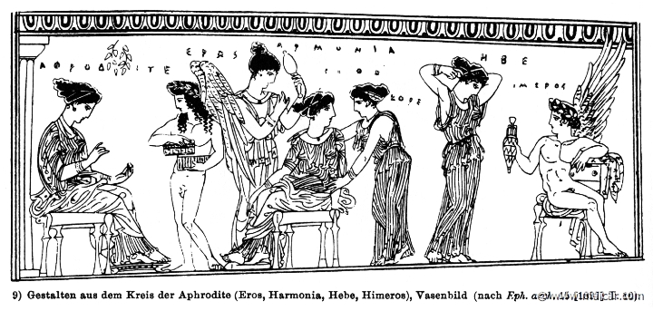 RIII.2-2119.jpg - RIII.2-2119: Aphrodite's circle. Present: Aphrodite, Eros, Harmonia, Hebe, Himerus. Wilhelm Heinrich Roscher (Göttingen, 1845- Dresden, 1923), Ausfürliches Lexikon der griechisches und römisches Mythologie, 1884.