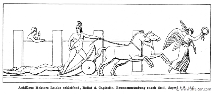 RI.2-1924.jpg - RI.2-1924: Achilles outraging the body of Hector. Nike is seen in front of the horses, and Paris on top of the wall. Wilhelm Heinrich Roscher (Göttingen, 1845- Dresden, 1923), Ausfürliches Lexikon der griechisches und römisches Mythologie, 1884.