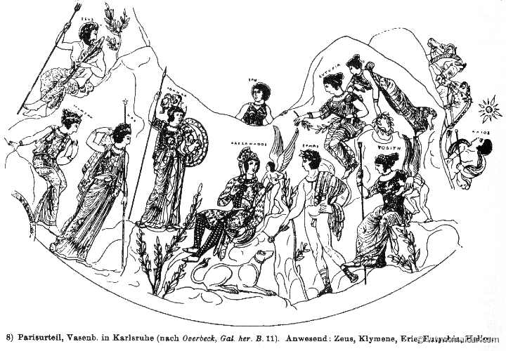 RIII.1-1619.jpg - RIII.1-1619: Judgment of Paris. Zeus, Clymene, Hera, Athena, Paris, Eros, Hermes, Aphrodite, Helius and, behind the mountain, Eris. Wilhelm Heinrich Roscher (Göttingen, 1845- Dresden, 1923), Ausfürliches Lexikon der griechisches und römisches Mythologie, 1884.