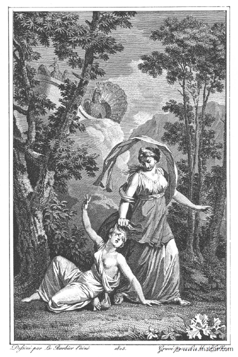 villenave01065.jpg - 01065: Hera and Callisto. "So saying, she caught her by the hair full infront and flung her face-foremost to the ground." (Ov. Met. 2.476).Guillaume T. de Villenave, Les Métamorphoses  d'Ovide (Paris, Didot 1806–07). Engravings after originals by Jean-Jacques François Le Barbier (1739–1826), Nicolas André Monsiau (1754–1837), and Jean-Michel Moreau (1741–1814).