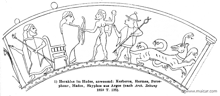 RII.1-1121.jpg - RII.1-1121: Heracles in the Underworld. From left: Hades, Persephone, Heracles, Hermes, and Cerberus. Wilhelm Heinrich Roscher (Göttingen, 1845- Dresden, 1923), Ausfürliches Lexikon der griechisches und römisches Mythologie, 1884.