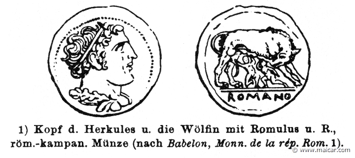 RIV-0202.jpg - RIV-0202: Head of Hercules (Heracles). The she-wolf nursing the twins Romulus and Remus. Coin from Campania.Wilhelm Heinrich Roscher (Göttingen, 1845- Dresden, 1923), Ausfürliches Lexikon der griechisches und römisches Mythologie, 1884.