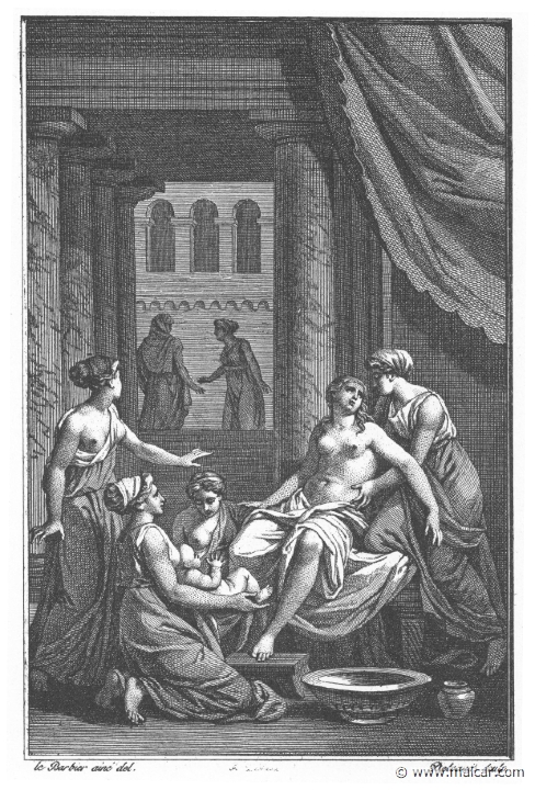 villenave02024.jpg - 02024: Birth of Heracles. "Alcmena is relieved; her prayers are answered and her child is born." (Ov. Met. 9.312).Guillaume T. de Villenave, Les Métamorphoses  d'Ovide (Paris, Didot 1806–07). Engravings after originals by Jean-Jacques François Le Barbier (1739–1826), Nicolas André Monsiau (1754–1837), and Jean-Michel Moreau (1741–1814).