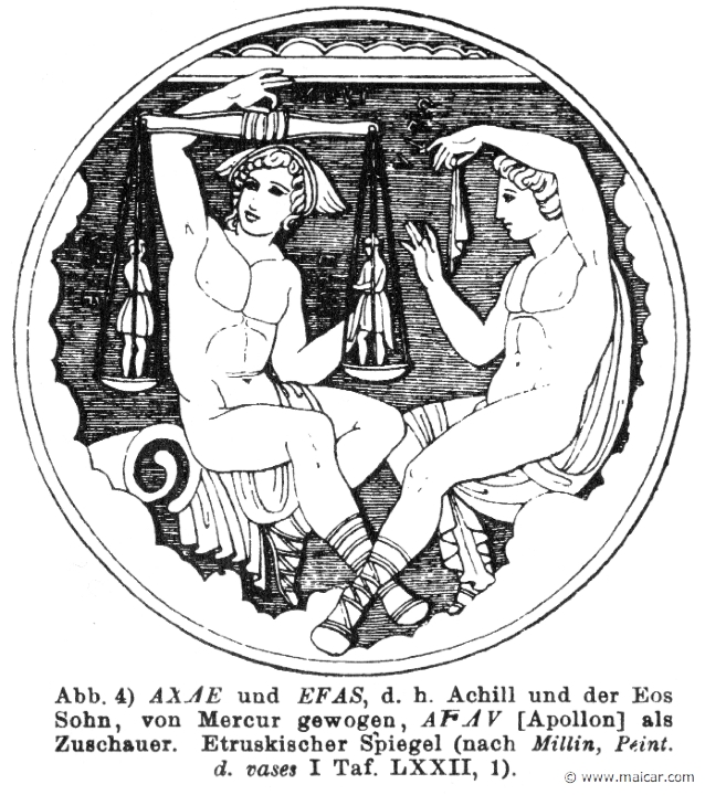 RII.1-1143b.jpg - RII.1-1143b: Achilles and Memnon weighed by Hermes. Present: Apollo. Wilhelm Heinrich Roscher (Göttingen, 1845- Dresden, 1923), Ausfürliches Lexikon der griechisches und römisches Mythologie, 1884.