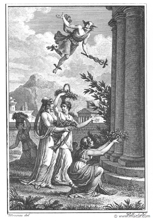 villenave01073.jpg - 01073: Hermes sees Herse. "That day chanced to be a festival of Pallas when young maidens bore to their goddess' temple mystic gifts in flower-wreathed baskets on their heads." (Ov. Met. 2.711).Guillaume T. de Villenave, Les Métamorphoses  d'Ovide (Paris, Didot 1806–07). Engravings after originals by Jean-Jacques François Le Barbier (1739–1826), Nicolas André Monsiau (1754–1837), and Jean-Michel Moreau (1741–1814).