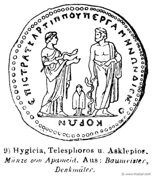 RV-0320.jpg - RV-0320: Hygia, Telesphorus, and Asclepius.Wilhelm Heinrich Roscher (Göttingen, 1845- Dresden, 1923), Ausfürliches Lexikon der griechisches und römisches Mythologie, 1884.