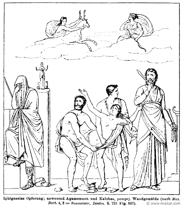 RII.1-0300.jpg - RII.1-0300: Sacrifice of Iphigenia. Agamemnon covers his face. Calchas stands to the right. Wilhelm Heinrich Roscher (Göttingen, 1845- Dresden, 1923), Ausfürliches Lexikon der griechisches und römisches Mythologie, 1884.