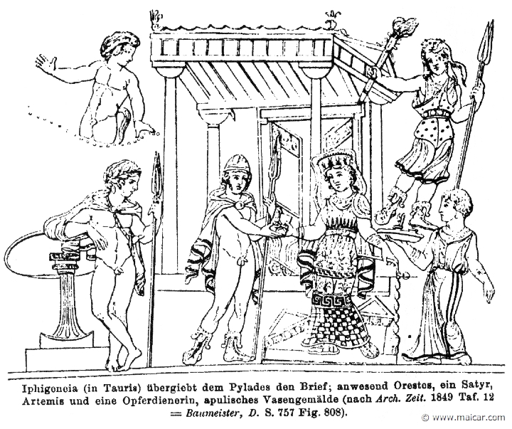 RII.1-0302.jpg - RII.1-0302: Below: Orestes, Pylades, and Iphigenia. Above: a Satyr and Artemis. Wilhelm Heinrich Roscher (Göttingen, 1845- Dresden, 1923), Ausfürliches Lexikon der griechisches und römisches Mythologie, 1884.