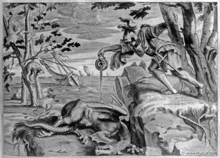 2714.jpg - 2714: Jason and the Colchian dragon. Les METAMORPHOSES D’OVIDE EN LATIN ET FRANÇOIS, DIVISÉES EN XV LIVRES. TRADUCTION DE Mr. PIERRE DU-RYER PARISIEN, DE L’ACADEMIE FRANÇOISE. MDCLXXVII.