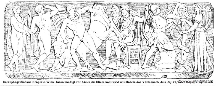 RII.1-0080.jpg - RII.1-0080: Jason before Aeetes with the bulls. Right: Medea helps Jason to get the Golden Fleece. Wilhelm Heinrich Roscher (Göttingen, 1845- Dresden, 1923), Ausfürliches Lexikon der griechisches und römisches Mythologie, 1884.