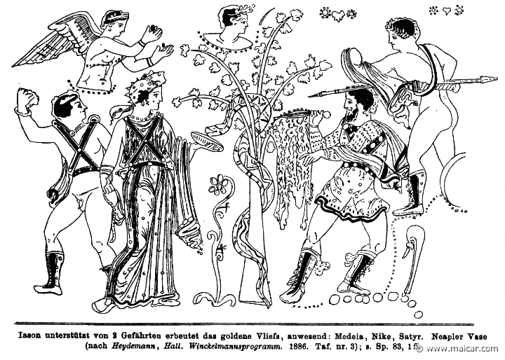 RII.1-0083.jpg - RII.1-0083: Jason takes the Golden Fleece as Medea distracts the dragon. Nike, Satyr, and Argonauts. Wilhelm Heinrich Roscher (Göttingen, 1845- Dresden, 1923), Ausfürliches Lexikon der griechisches und römisches Mythologie, 1884.