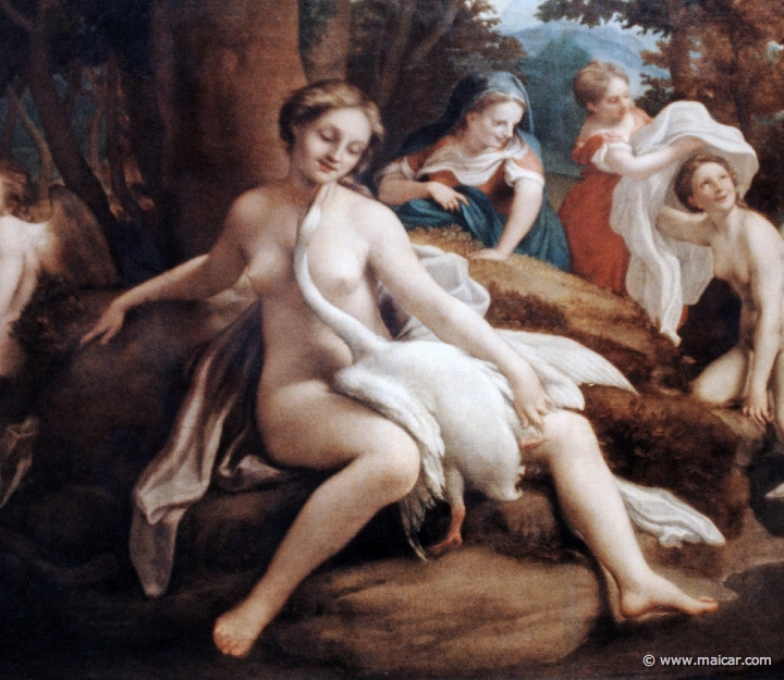 2228.jpg - 2229: Leda mit dem Schwan 1532. Antonio Allegri, gen. Corregio, 1489-1534. Gemälde Galerie Kulturforum, Berlin.