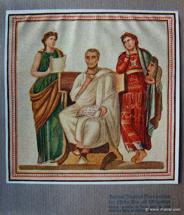 pflugk568.jpg - pflugk568: Publius Virgilius Maro zwischen den Musen Klio und Melpomene. Mosaik, gefunden in Jahre 1897 in einer römischen Villa zu Hadrumetum (Nordafrika). J.v.Pflugk-Harttung, Weltgeshichte, Band 1: Altertum ( Verlag von Ullstein & Co, Berlin, 1910).