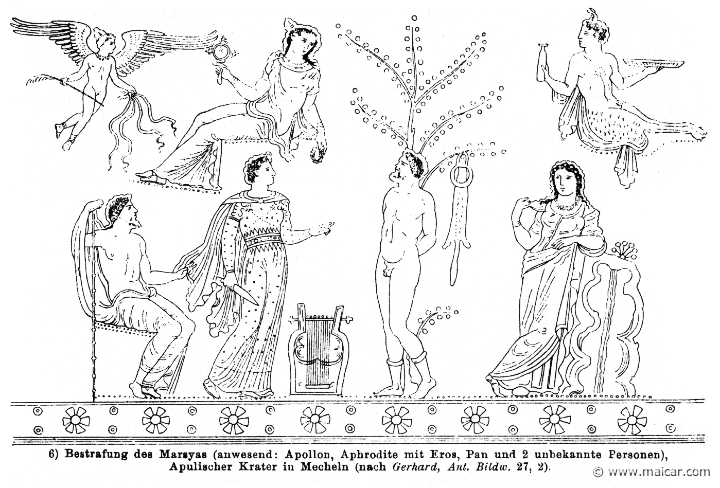 RII.2-2455.jpg - RII.2-2455: Punishment of Marsyas. Present: Apollo, Aphrodite, Eros, Pan, and two unknown persons. Wilhelm Heinrich Roscher (Göttingen, 1845- Dresden, 1923), Ausfürliches Lexikon der griechisches und römisches Mythologie, 1884.