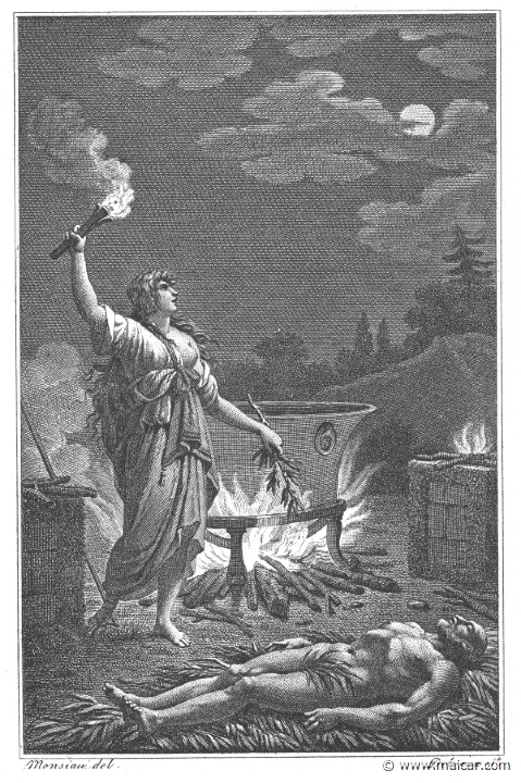 villenave01225.jpg - 01225: Medea revives Aeson. "Medea, with streaming hair after the fashion of the Bacchantes, moved round the blazing altars ..." (Ov. Met. 7.257).Guillaume T. de Villenave, Les Métamorphoses  d'Ovide (Paris, Didot 1806–07). Engravings after originals by Jean-Jacques François Le Barbier (1739–1826), Nicolas André Monsiau (1754–1837), and Jean-Michel Moreau (1741–1814).