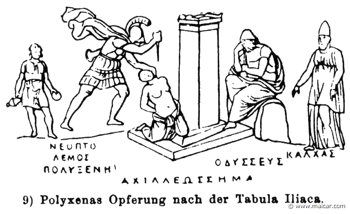 RIII.1-0670b.jpg - RIII.1-0670b: Sacrifice of Polyxena. Present: Neoptolemus, Polyxena Odysseus, Calchas. Wilhelm Heinrich Roscher (Göttingen, 1845- Dresden, 1923), Ausfürliches Lexikon der griechisches und römisches Mythologie, 1884.