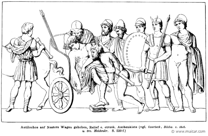 RI.1-0377.jpg - RI.1-0377: Antilochus being carried into the wagon of Nestor. Etruscan relief. Wilhelm Heinrich Roscher (Göttingen, 1845- Dresden, 1923), Ausfürliches Lexikon der griechisches und römisches Mythologie, 1884.