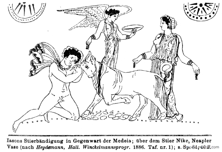 RII.1-0081.jpg - RII.1-0081: Jason taming the bulls of Aeetes before Nike and Medea. Wilhelm Heinrich Roscher (Göttingen, 1845- Dresden, 1923), Ausfürliches Lexikon der griechisches und römisches Mythologie, 1884.