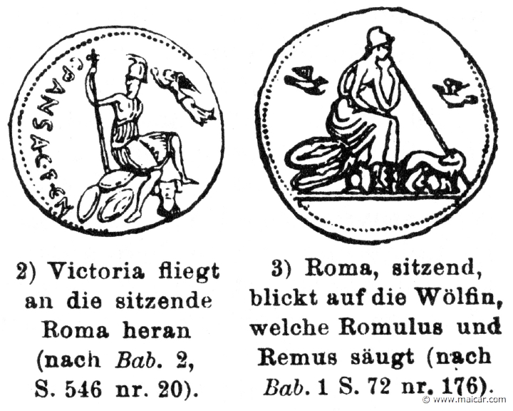 RIV-0146.jpg - RIV-0146: Left: Roma and Nike (Victoria), flying close. Roma watching the she-wolf that nursed Romulus and Remus. Wilhelm Heinrich Roscher (Göttingen, 1845- Dresden, 1923), Ausfürliches Lexikon der griechisches und römisches Mythologie, 1884.