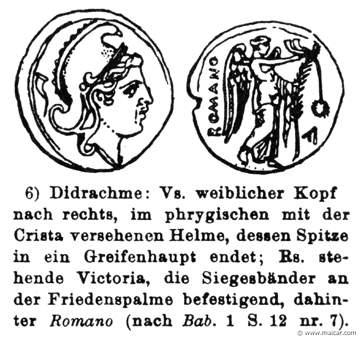 RIV-0150.jpg - RIV-0150: Head of a woman (left). Victoria (Nike) stands to the right, attaching a ribbon to the palm of peace. Wilhelm Heinrich Roscher (Göttingen, 1845- Dresden, 1923), Ausfürliches Lexikon der griechisches und römisches Mythologie, 1884.