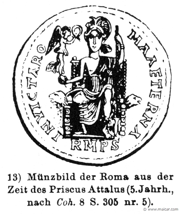 RIV-0154b.jpg - RIV-0154b: Roma holding Victoria (Nike). Coin from Priscus Attalus' time (c. 410 AD). Wilhelm Heinrich Roscher (Göttingen, 1845- Dresden, 1923), Ausfürliches Lexikon der griechisches und römisches Mythologie, 1884.