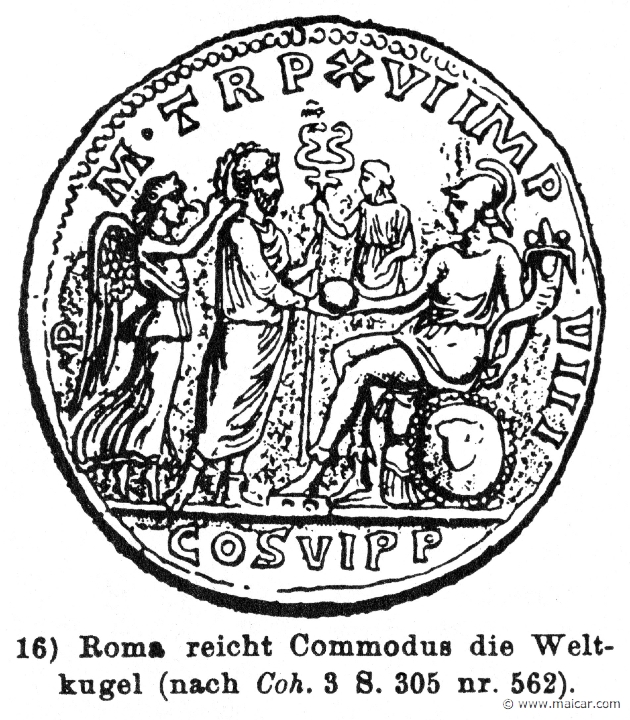 RIV-0155b.jpg - RIV-0155: Roma gives Commodus the globe of the world while Nike (Victoria) crowns him. Wilhelm Heinrich Roscher (Göttingen, 1845- Dresden, 1923), Ausfürliches Lexikon der griechisches und römisches Mythologie, 1884.