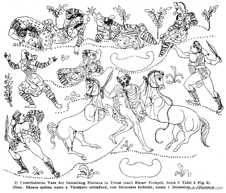 RIV-0105.jpg - RIV-0105: Sleeping Thracians. Below, Diomedes and Odysseus. Italian vase.Wilhelm Heinrich Roscher (Göttingen, 1845- Dresden, 1923), Ausfürliches Lexikon der griechisches und römisches Mythologie, 1884.