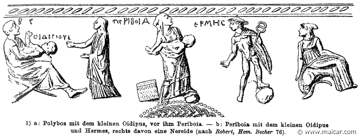 RIII.1-0706.jpg - RIII.1-0706: Polybus, the infant Oedipus, and Periboea. Periboea carrying the child Oedipus, Hermes, and a Nereid. Wilhelm Heinrich Roscher (Göttingen, 1845- Dresden, 1923), Ausfürliches Lexikon der griechisches und römisches Mythologie, 1884.