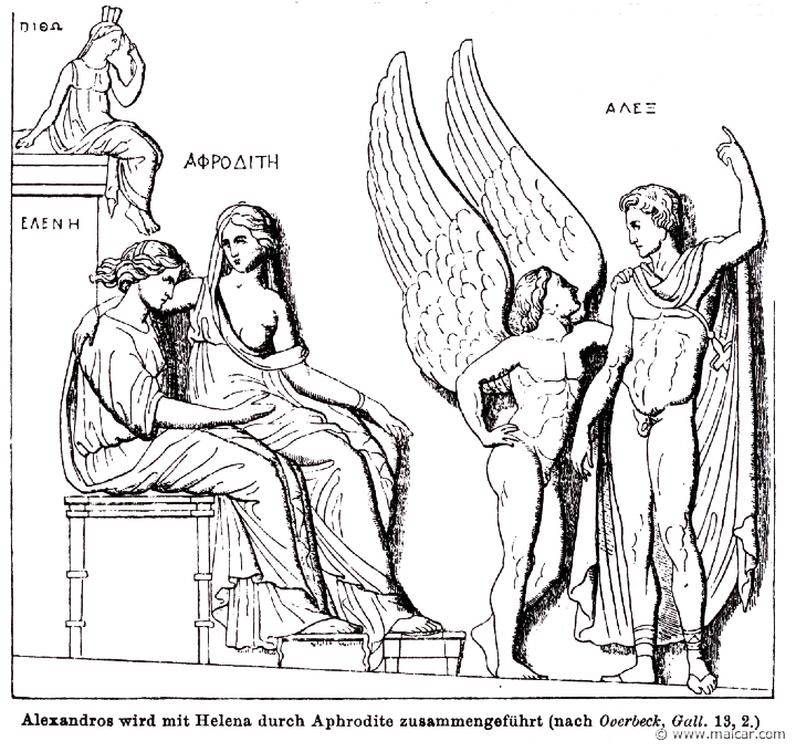 RI.2-1938.jpg - RI.2-1938: Aphrodite persuading Helen, and Eros Paris. Persuasion herself is sitting on top of a wall. Wilhelm Heinrich Roscher (Göttingen, 1845- Dresden, 1923), Ausfürliches Lexikon der griechisches und römisches Mythologie, 1884.