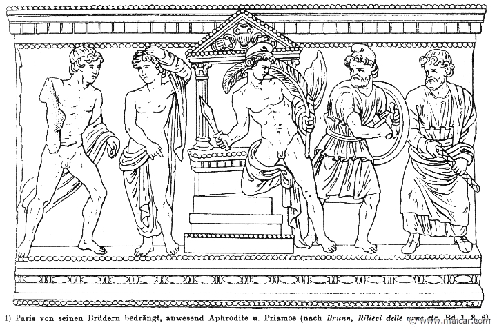 RIII.1-1605.jpg - RIII.1-1605: Paris troubled by his brothers. Present: Aphrodite and Priam. Wilhelm Heinrich Roscher (Göttingen, 1845- Dresden, 1923), Ausfürliches Lexikon der griechisches und römisches Mythologie, 1884.