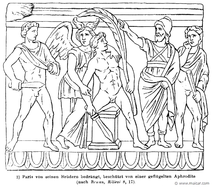 RIII.1-1607.jpg - RIII.1-1607: Paris harassed by his brothers, protected by a winged Aphrodite. Wilhelm Heinrich Roscher (Göttingen, 1845- Dresden, 1923), Ausfürliches Lexikon der griechisches und römisches Mythologie, 1884.