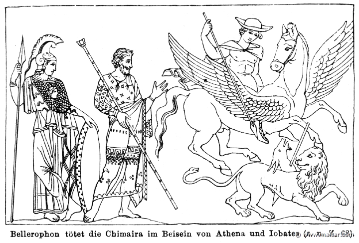 RI.1-0763.jpg - RI.1-0763: Bellerophon killing the Chimera before Athena and Iobates. Wilhelm Heinrich Roscher (Göttingen, 1845- Dresden, 1923), Ausfürliches Lexikon der griechisches und römisches Mythologie, 1884.