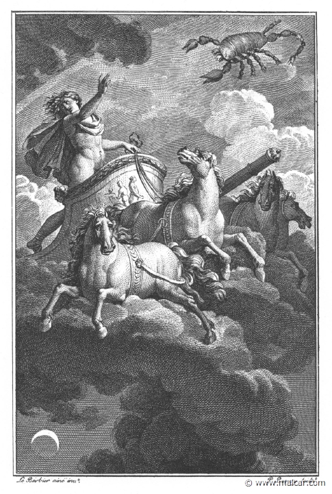 villenave01049.jpg - villenave01049: Phaethon. "The driver is panic-stricken. He knows not how to handle the reins entrusted to him, nor where the road is; nor if he did know, would he be able to control the steeds." (Ov. Met. 2.169). Guillaume T. de Villenave, Les Métamorphoses d'Ovide (Paris, Didot 1806–07). Engravings after originals by Jean-Jacques François Le Barbier (1739–1826), Nicolas André Monsiau (1754–1837), and Jean-Michel Moreau (1741–1814).