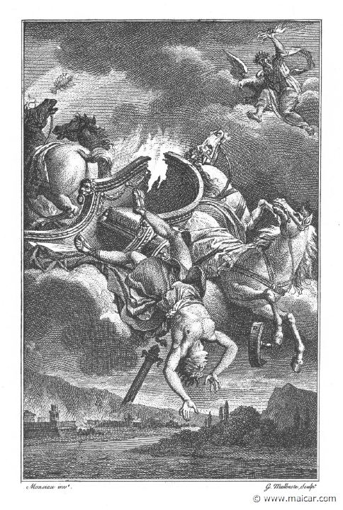 villenave01057.jpg - villenave01057: The Fall of Phaethon. "He thundered, and, balancing in his right hand a bolt, flung it from beside the ear at the charioteer and hurled him from the car.." (Ov. Met. 2.310). Guillaume T. de Villenave, Les Métamorphoses d'Ovide (Paris, Didot 1806–07). Engravings after originals by Jean-Jacques François Le Barbier (1739–1826), Nicolas André Monsiau (1754–1837), and Jean-Michel Moreau (1741–1814).