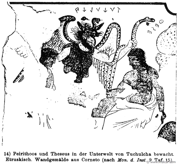 RIII.2-1787.jpg - RIII.2-1787: Pirithous and Theseus watched by Tuchulcha. Etruscan mural painting. Wilhelm Heinrich Roscher (Göttingen, 1845- Dresden, 1923), Ausfürliches Lexikon der griechisches und römisches Mythologie, 1884.