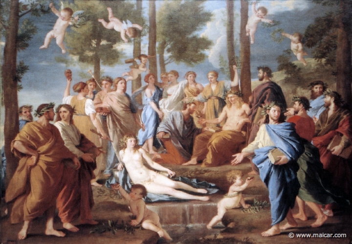 9804.jpg - 9804: Nicolas Poussin 1594-1665: El Parnaso. Apolo ofrece el néctar a un poeta coronado de laurel por Calíope. Fuente Castalia personificada por la mujer desnuda. Museo Nacional del Prado, Madrid.