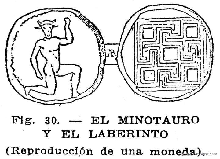 secco060.jpg - secco060: El Minotauro y el laberinto. Reproduccion de una moneda. Info n/a. Oscar Secco Ellauri, Pedro Daniel Baridón, Historia de los Griegos (CADEC, Montevideo).