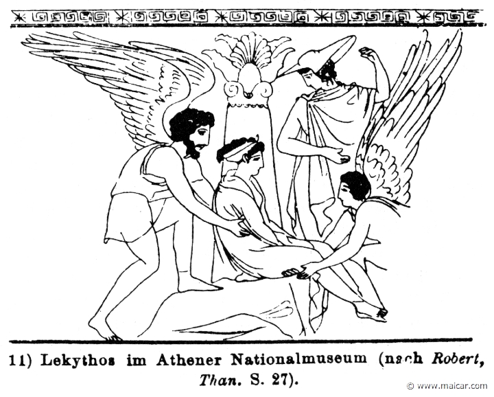 RV-0514.jpg - RV-0514: Thanatos (bearded), Hypnos, Hermes, and a young woman. Wilhelm Heinrich Roscher (Göttingen, 1845- Dresden, 1923), Ausfürliches Lexikon der griechisches und römisches Mythologie, 1884.