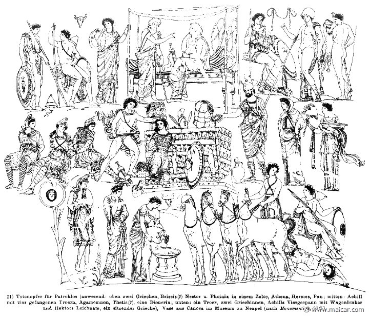 RIII.2-1709.jpg - RIII.2-1709: Executions for the death of Patroclus. Present: Briseis, Nestor, Phoenix, Athena, Hermes, Pan. Middle: four prisoners, Achilles, Agamemnon, Thetis, and a servant. Below, Achilles dragging the corpse of Hector. Wilhelm Heinrich Roscher (Göttingen, 1845- Dresden, 1923), Ausfürliches Lexikon der griechisches und römisches Mythologie, 1884.