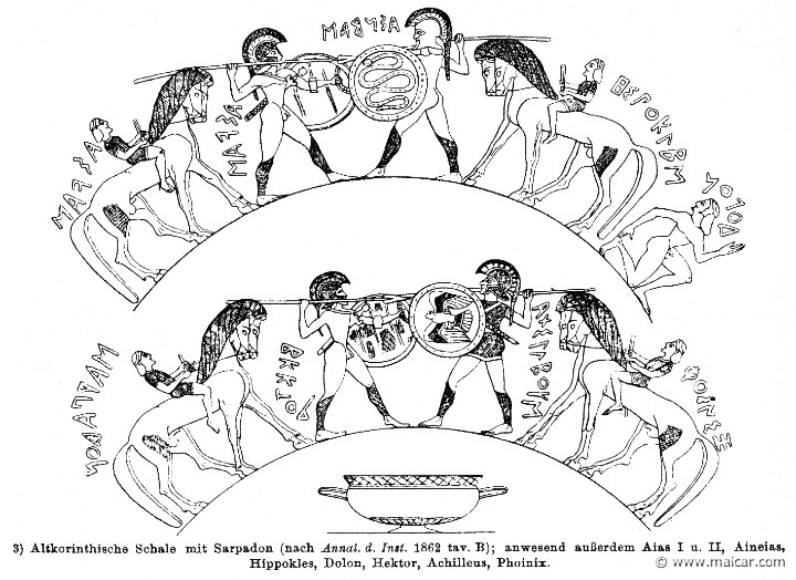 RIV-0411.jpg - RIV-0411: Corinthian bowl. Above (left to right) are Ajax 1 and 2, Aeneas, Hippocles and Dolon. Below (right to left) Phoenix, Achilles and Hector. Wilhelm Heinrich Roscher (Göttingen, 1845- Dresden, 1923), Ausfürliches Lexikon der griechisches und römisches Mythologie, 1884.