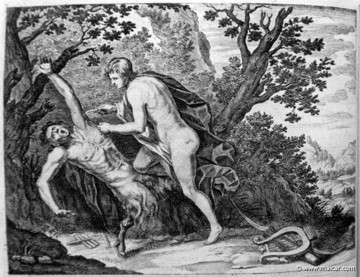 2710.jpg - 2710: Apollo flaying Marsyas.Les METAMORPHOSES D’OVIDE EN LATIN ET FRANÇOIS, DIVISÉES EN XV LIVRES. TRADUCTION DE Mr. PIERRE DU-RYER PARISIEN, DE L’ACADEMIE FRANÇOISE. MDCLXXVII.