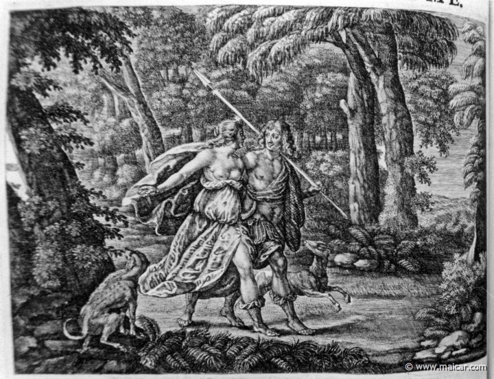 2720.jpg - 2720: Cephalus and Procris in the woods.Les METAMORPHOSES D’OVIDE EN LATIN ET FRANÇOIS, DIVISÉES EN XV LIVRES. TRADUCTION DE Mr. PIERRE DU-RYER PARISIEN, DE L’ACADEMIE FRANÇOISE. MDCLXXVII.