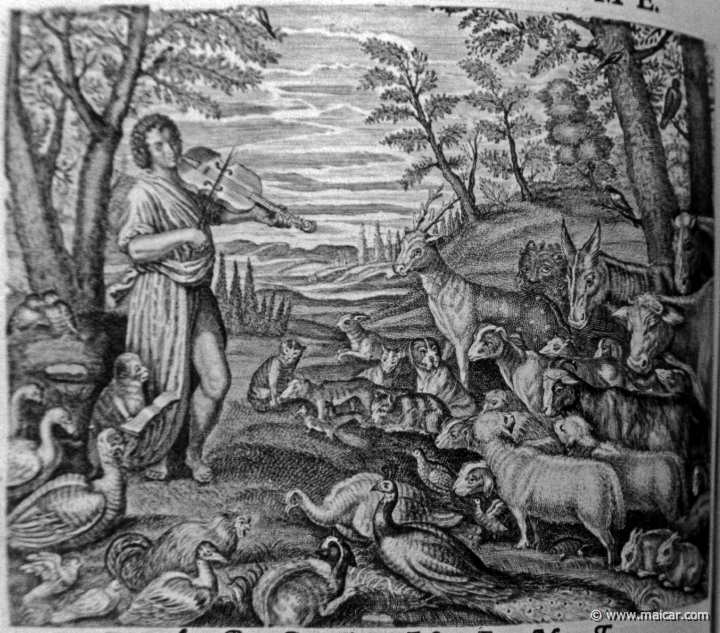 2733.jpg - 2733: Orpheus bewitching the animals.Les METAMORPHOSES D’OVIDE EN LATIN ET FRANÇOIS, DIVISÉES EN XV LIVRES. TRADUCTION DE Mr. PIERRE DU-RYER PARISIEN, DE L’ACADEMIE FRANÇOISE. MDCLXXVII.