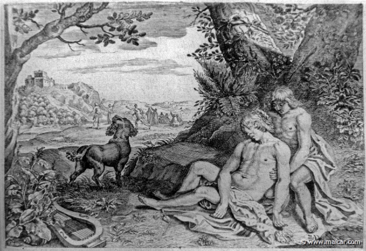 2736.jpg - 2736: Hyacinthus dying.Les METAMORPHOSES D’OVIDE EN LATIN ET FRANÇOIS, DIVISÉES EN XV LIVRES. TRADUCTION DE Mr. PIERRE DU-RYER PARISIEN, DE L’ACADEMIE FRANÇOISE. MDCLXXVII.