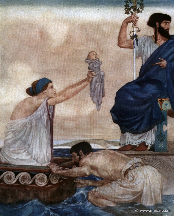 king010.jpg - rus010: Acrisius puts his daughter and her child (Perseus) into a chest, and casts it into the sea. Painting by William Russell Flint (1880-1969). Charles Kingsley, Grekiska Hjältesagor (1924, Swedish Edition of The Heroes). Paintings (watercolors) from 1911.