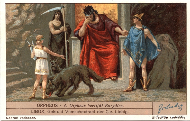 lieborf04.jpg - lieborf04: Having descended to the Underworld, Orpheus accompanied his words with the music of the lyre. He entranced Persephone by his songs, and persuaded her to help him in his desire to bring back to life his dead wife. And so even Hades himself was persuaded to let her go. Death and Hermes are seen standing beside the ruler of the Underworld, while Cerberus, the hound of Hades, examines Orpheus. Liebig sets.