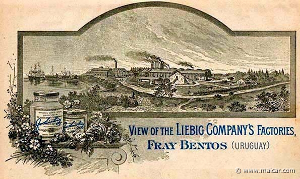 liebzfactory.jpg - Liebig Factory. The Liebig extract of meat company, known as LEMCO, OXO, Fray Bentos, Brook Bond, etc., gave as a gift to their customers, with their produce, cards from various printers, such as Appel, or Testu and Massin, and afterwards complete sets, issued by the Liebig company itself. Over 1870 sets were issued in different languages. The first Liebig sets were produced around 1872, and continued for over 100 years, until 1975