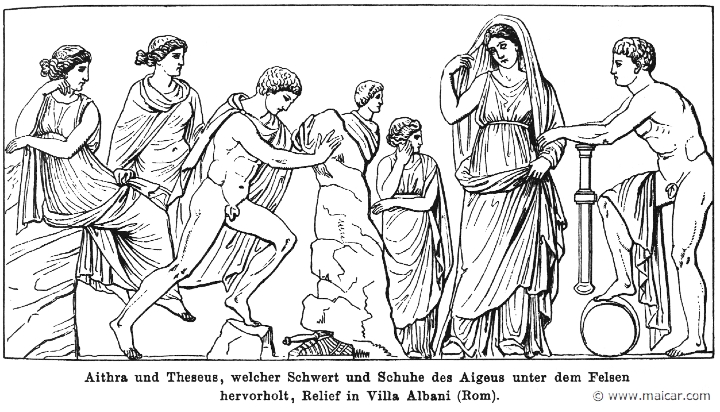 RI.1-0201.jpg - RI.1-0201: Aethra and Theseus, who turns the stone and finds his father  Aegeus' sword and sandals.Wilhelm Heinrich Roscher (Göttingen, 1845- Dresden, 1923), Ausfürliches Lexikon der griechisches und römisches Mythologie, 1884.