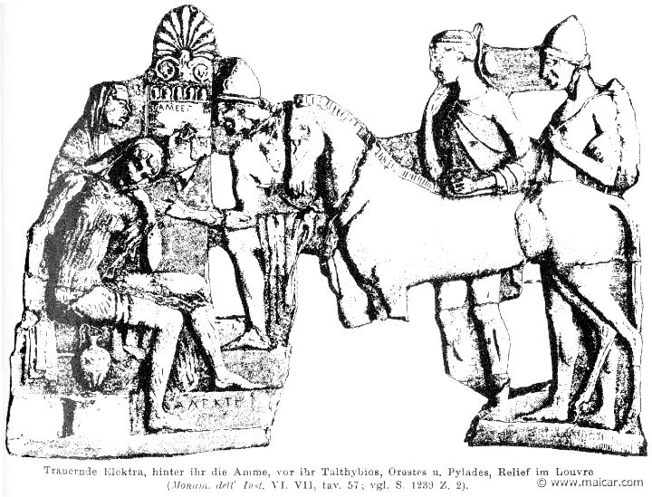 RI.1-1237.jpg - RI.1-1237: Mourning Electra. Behind her, her nurse. To the right, Talthybius, Orestes and Pylades. ReliefWilhelm Heinrich Roscher (Göttingen, 1845- Dresden, 1923), Ausfürliches Lexikon der griechisches und römisches Mythologie, 1884.