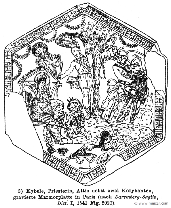 RII.1-1610.jpg - RII.1-1610: Cybele, a priestess, two Corybantes, and Attis.Wilhelm Heinrich Roscher (Göttingen, 1845- Dresden, 1923), Ausfürliches Lexikon der griechisches und römisches Mythologie, 1884.